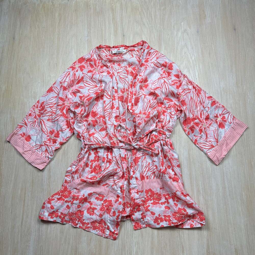 Oscar de la Renta Pink Floral Cotton Robe XS/S Belted Kimono Cottagecore Resort